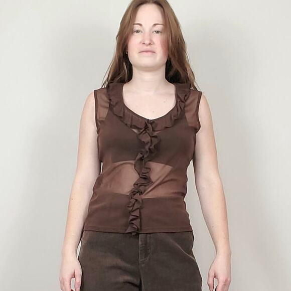Vintage 90s Y2K Mesh Ruffle Tank Chocolate Brown Medium - Picture 4 of 10